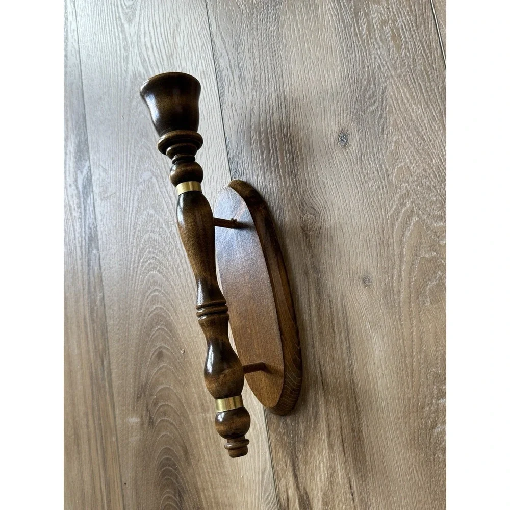 Vintage Wood Turned Candle Wall Sconces w Gold/Brass Metal Bands MCM Retro 13in